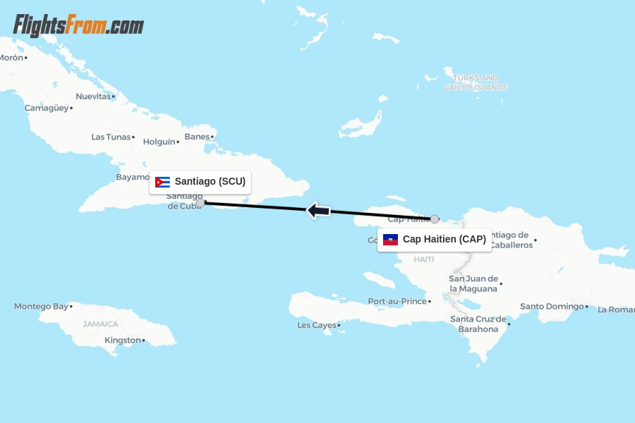 Flights from Cap Haitien to Santiago route map