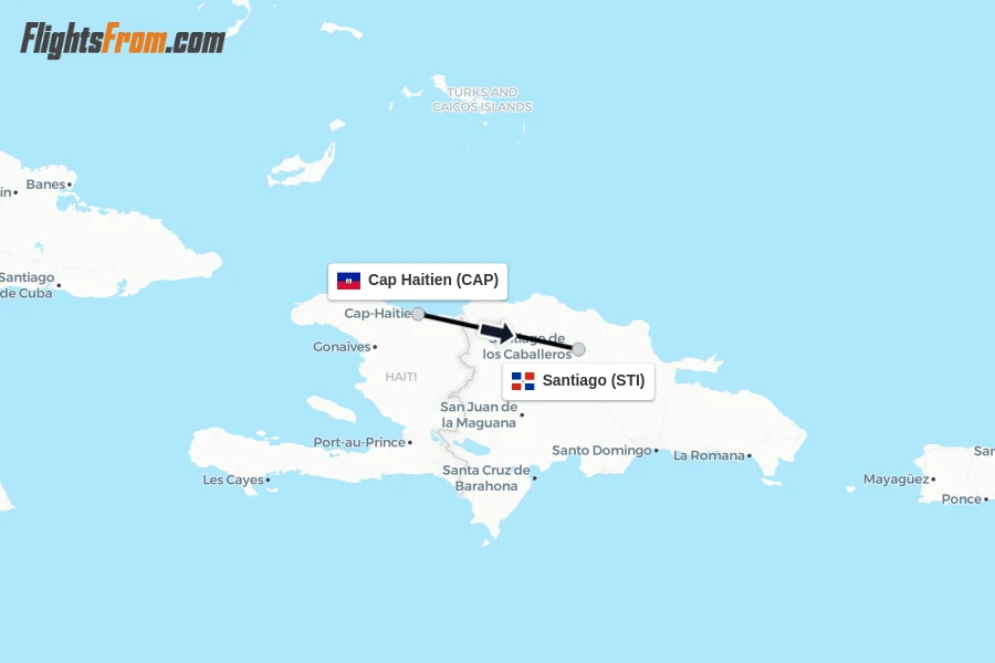 Flights from Cap Haitien to Santiago route map