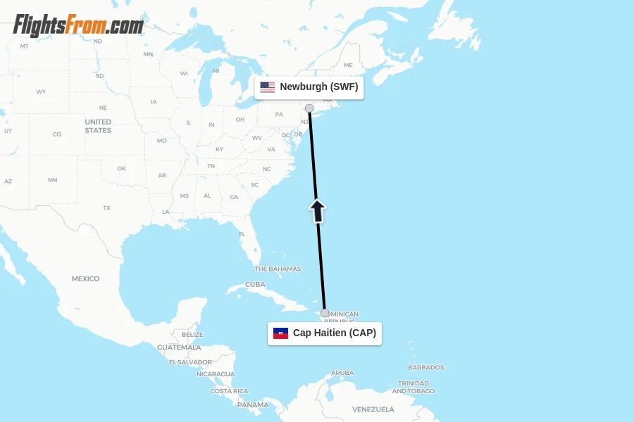 Flights from Cap Haitien to Newburgh route map