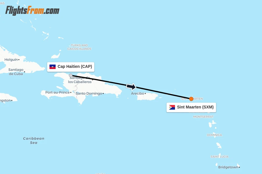 Flights from Cap Haitien to Sint Maarten route map
