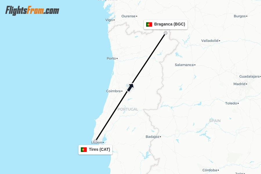 Flights from Tires to Braganca route map