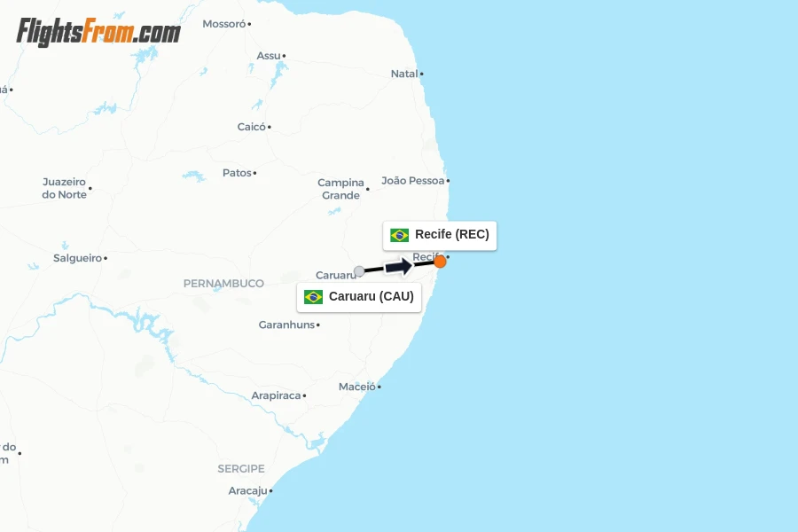Flights from Caruaru to Recife route map
