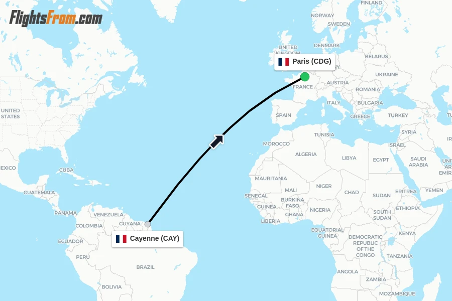 Flights from Cayenne to Paris route map