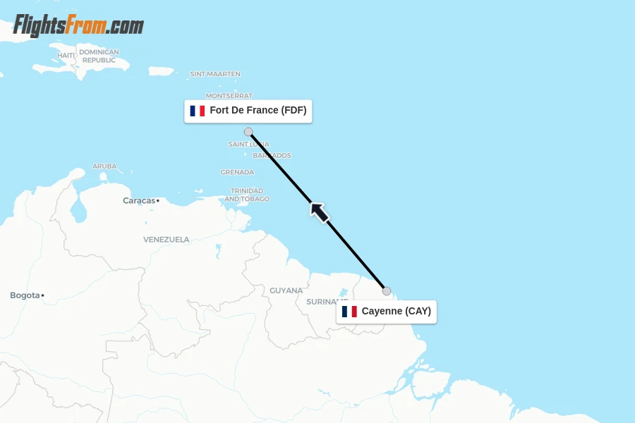 Flights from Cayenne to Fort De France route map
