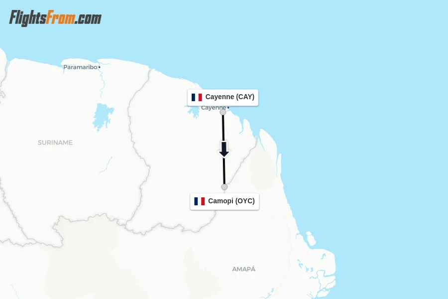Flights from Cayenne to Camopi route map