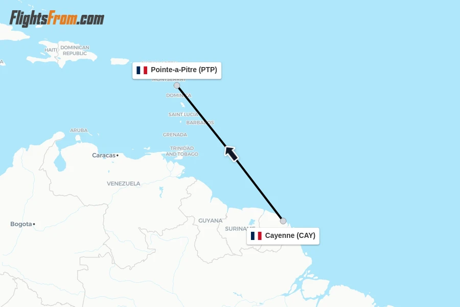 Flights from Cayenne to Pointe-a-Pitre route map