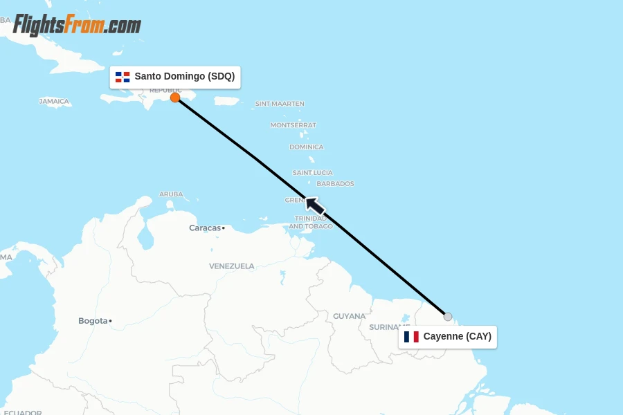 Flights from Cayenne to Santo Domingo route map