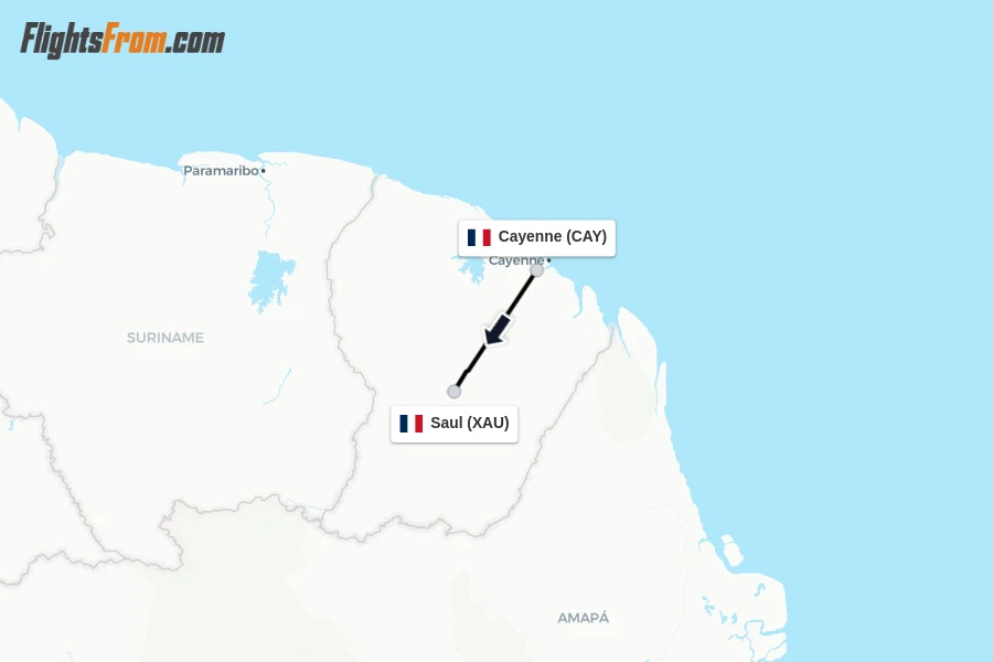 Flights from Cayenne to Saul route map