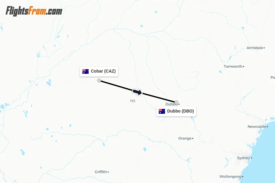 Flights from Cobar to Dubbo route map