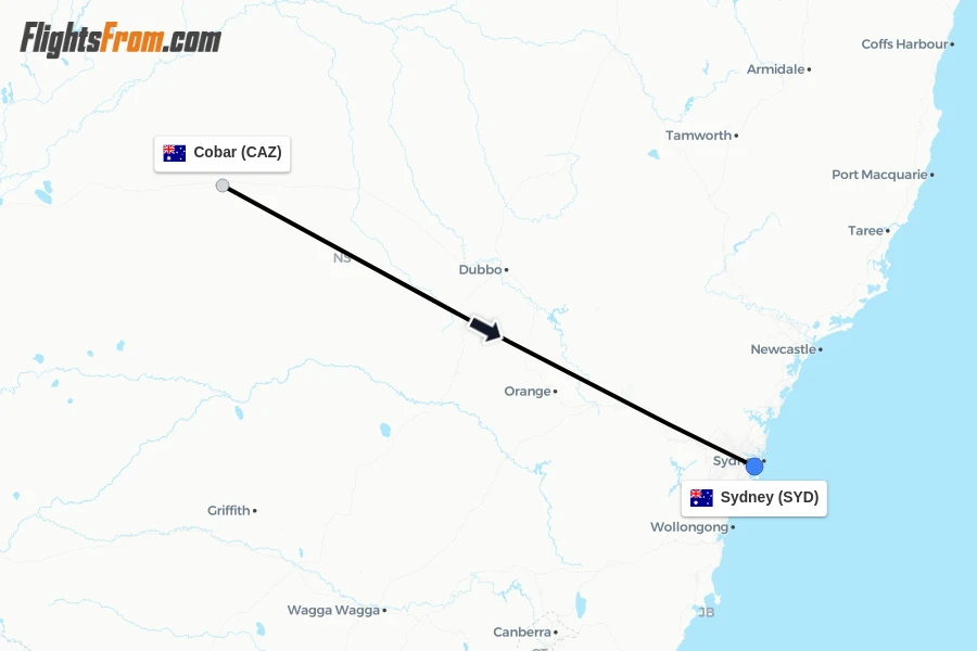 Flights from Cobar to Sydney route map