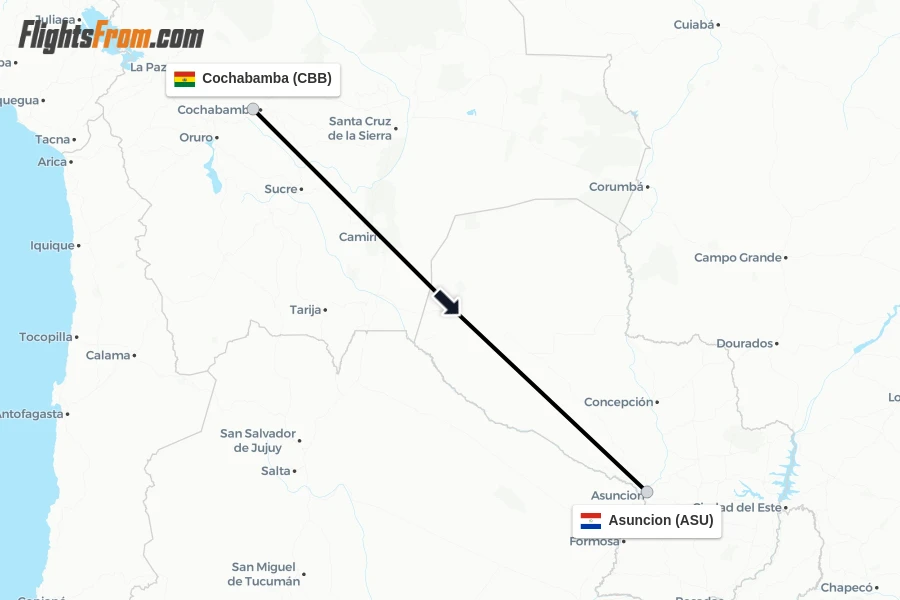 Flights from Cochabamba to Asuncion route map