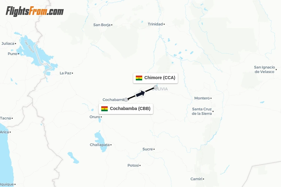 Flights from Cochabamba to Chimore route map
