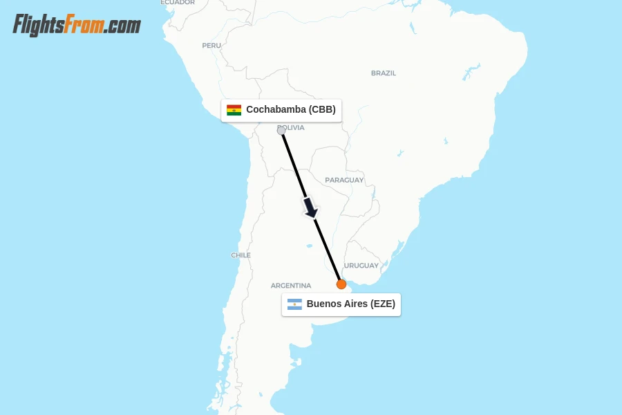 Flights from Cochabamba to Buenos Aires route map
