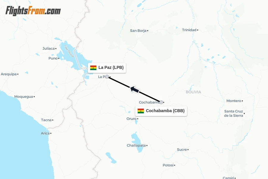 Flights from Cochabamba to La Paz route map