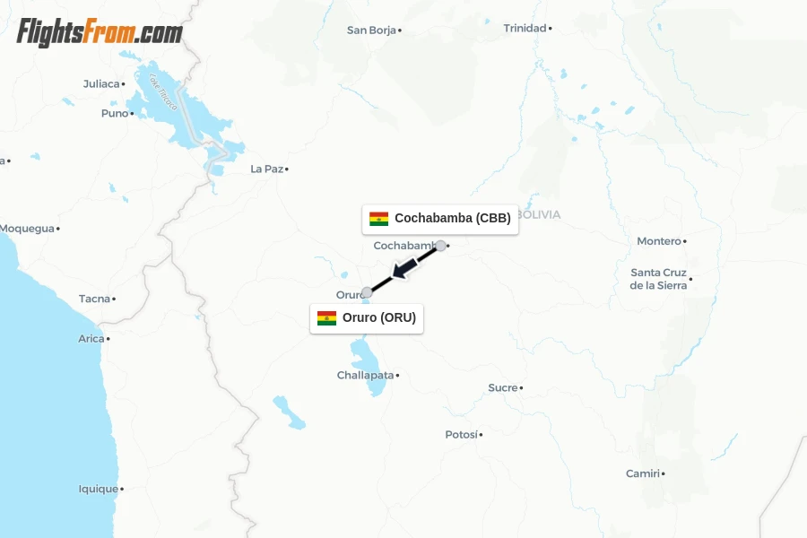 Flights from Cochabamba to Oruro route map