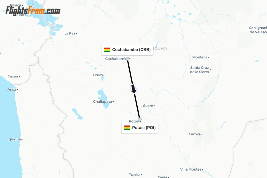 Flights from Cochabamba to Potosi route map