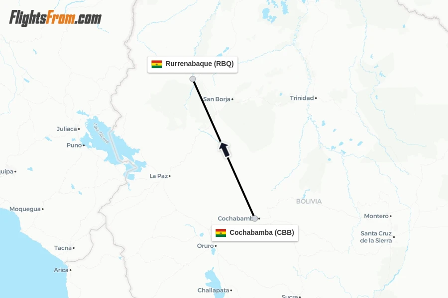 Flights from Cochabamba to Rurrenabaque route map