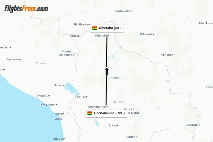 Flights from Cochabamba to Riberalta route map