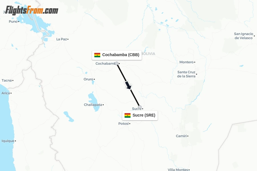 Flights from Cochabamba to Sucre route map