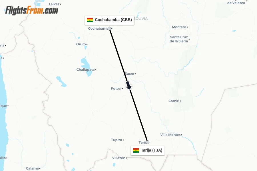 Flights from Cochabamba to Tarija route map