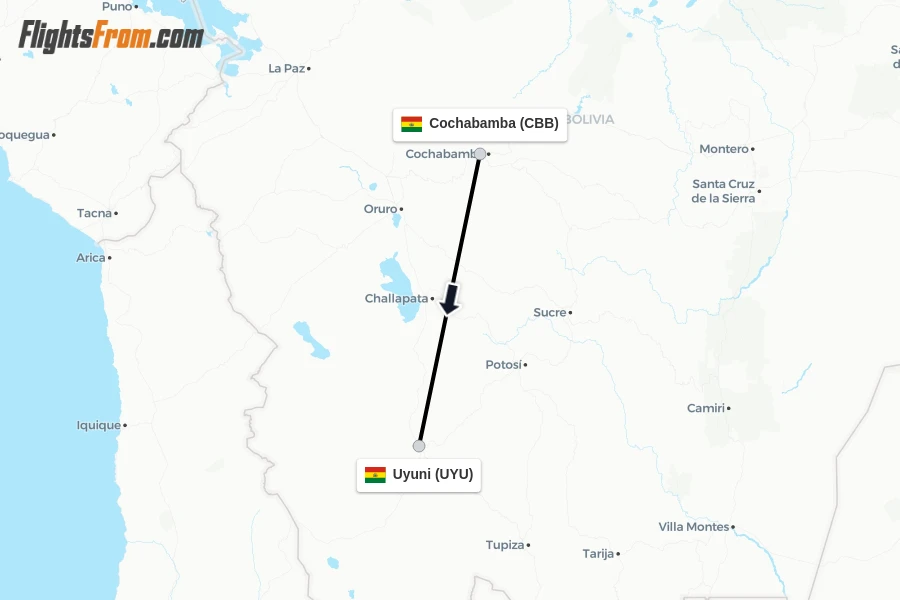 Flights from Cochabamba to Uyuni route map