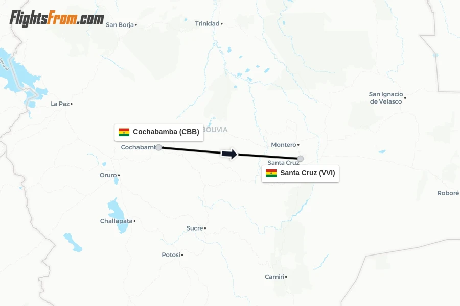 Flights from Cochabamba to Santa Cruz route map