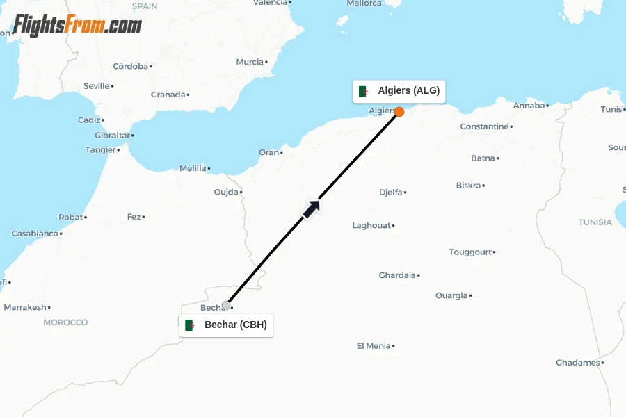 Flights from Bechar to Algiers route map