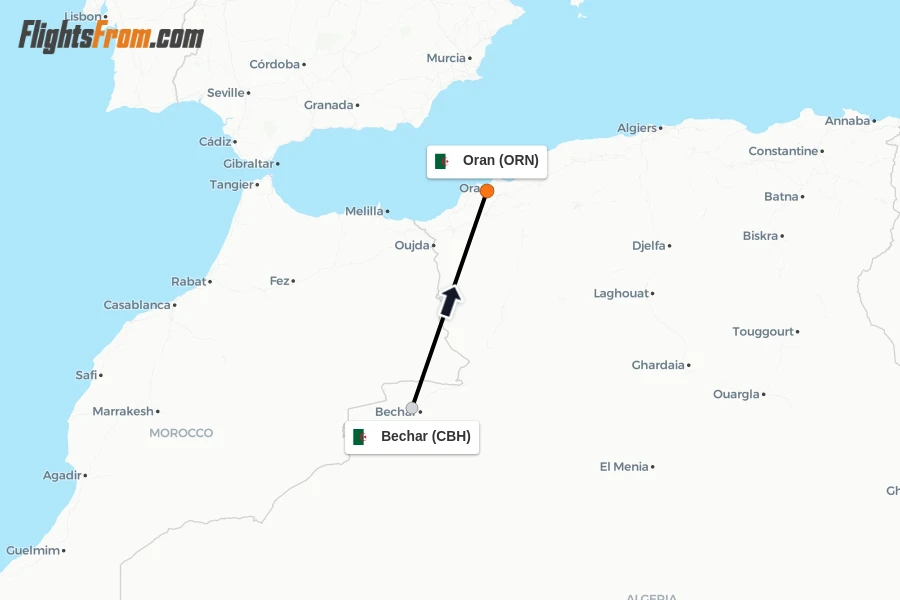 Flights from Bechar to Oran route map