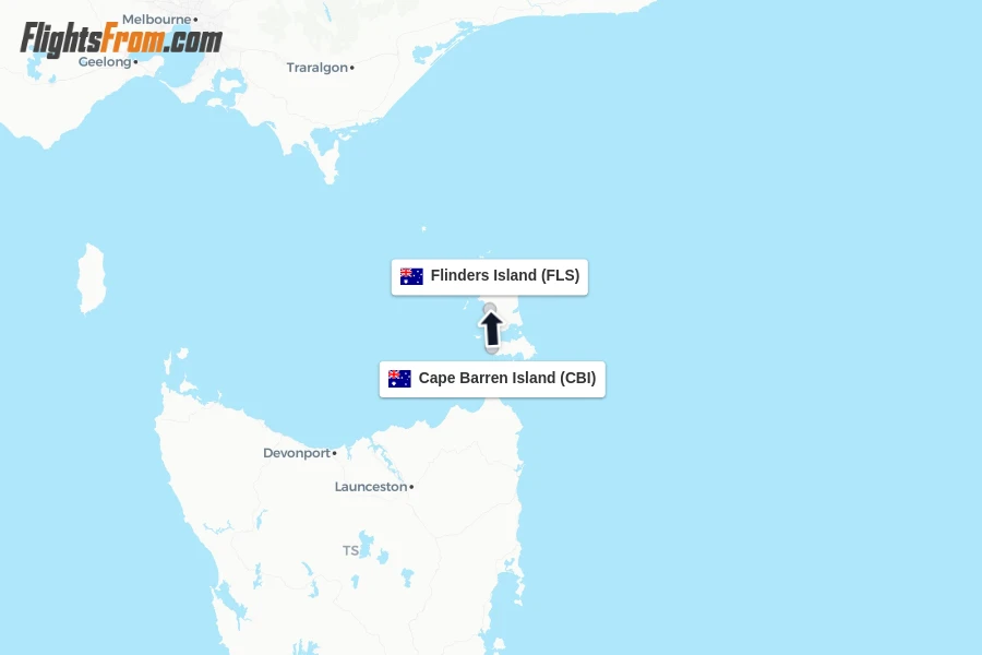 Flights from Cape Barren Island to Flinders Island route map