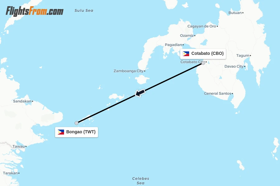 Flights from Cotabato to Bongao route map