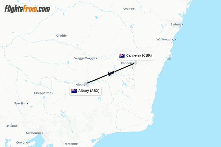 Flights from Canberra to Albury route map