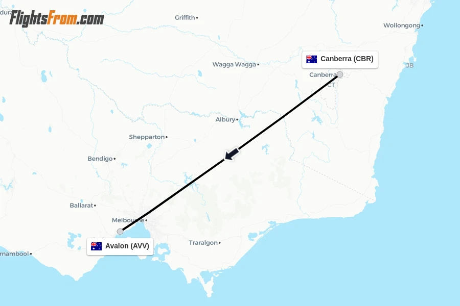 Flights from Canberra to Avalon route map