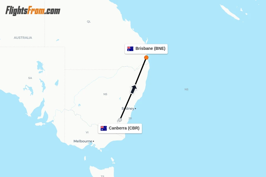 Flights from Canberra to Brisbane route map