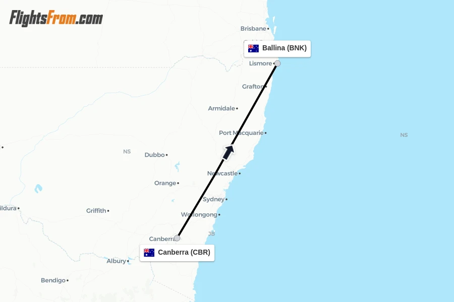 Flights from Canberra to Ballina route map
