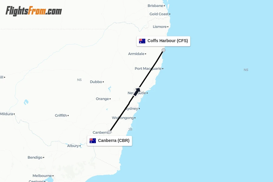Flights from Canberra to Coffs Harbour route map