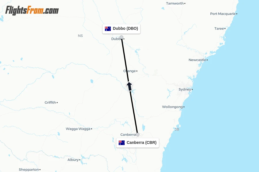 Flights from Canberra to Dubbo route map