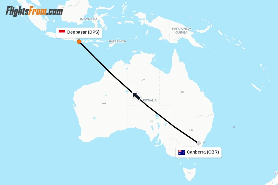 Flights from Canberra to Denpasar route map