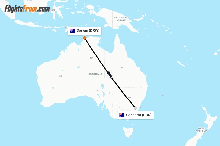 Flights from Canberra to Darwin route map