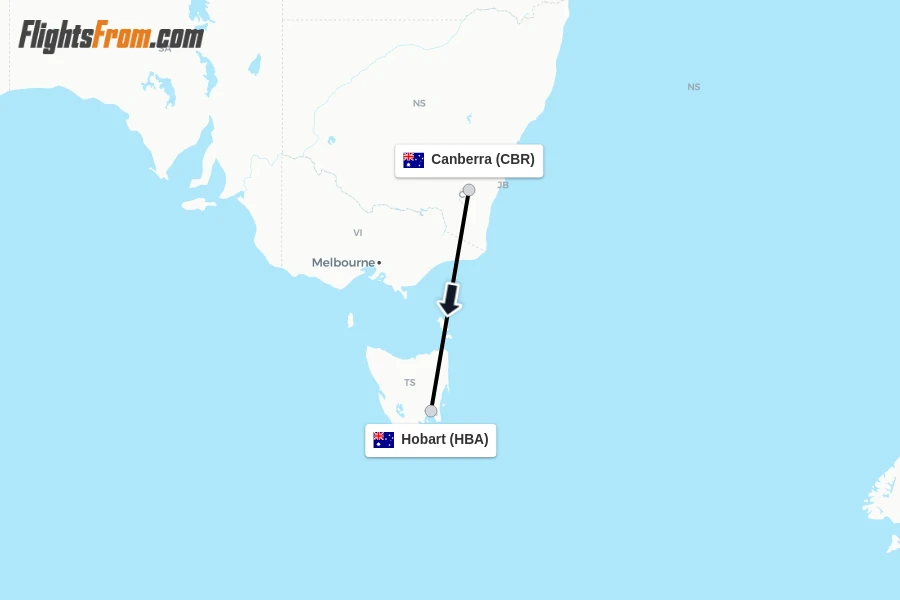 Flights from Canberra to Hobart route map