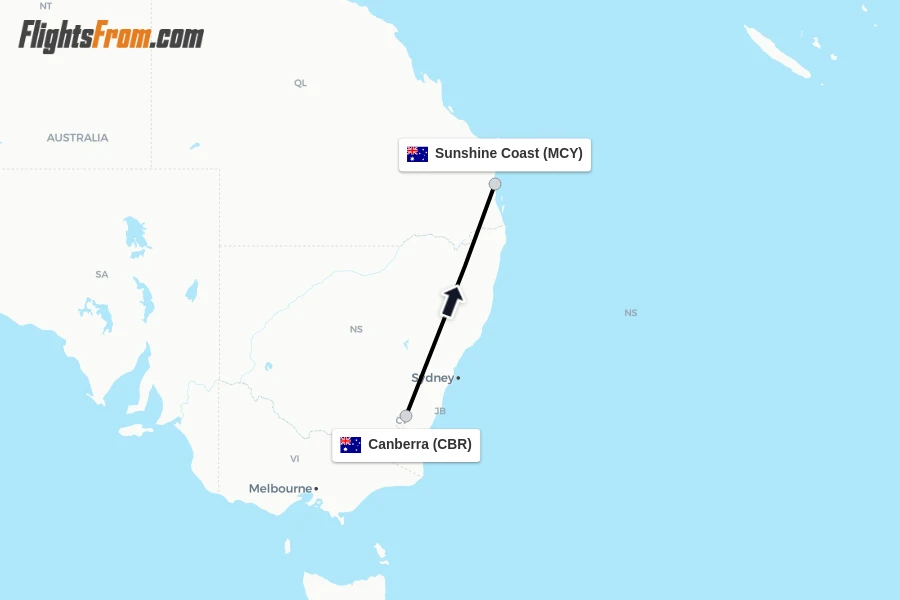 Flights from Canberra to Sunshine Coast route map