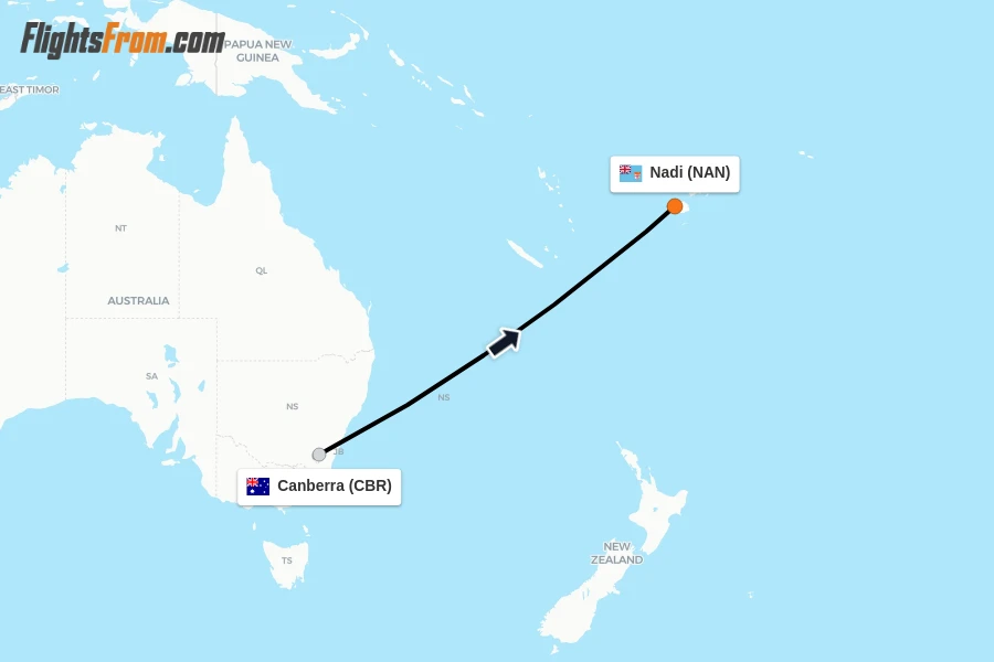 Flights from Canberra to Nadi route map