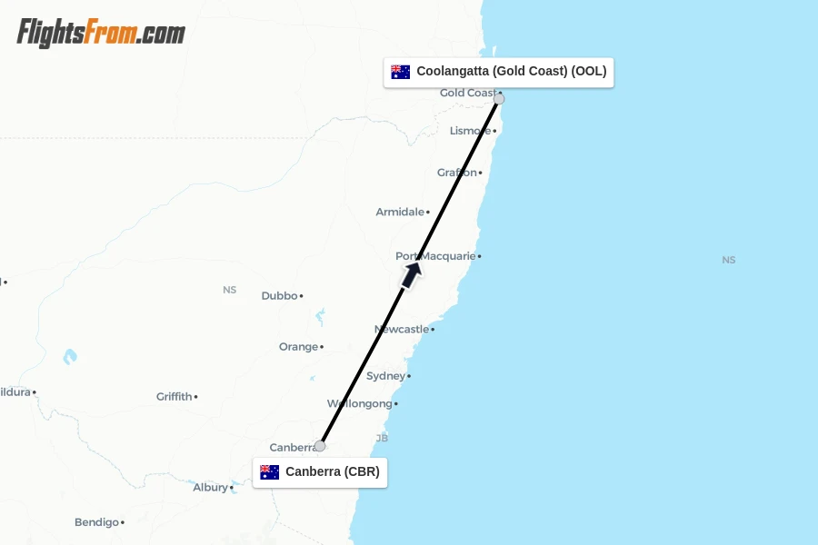 Flights from Canberra to Coolangatta (Gold Coast) route map