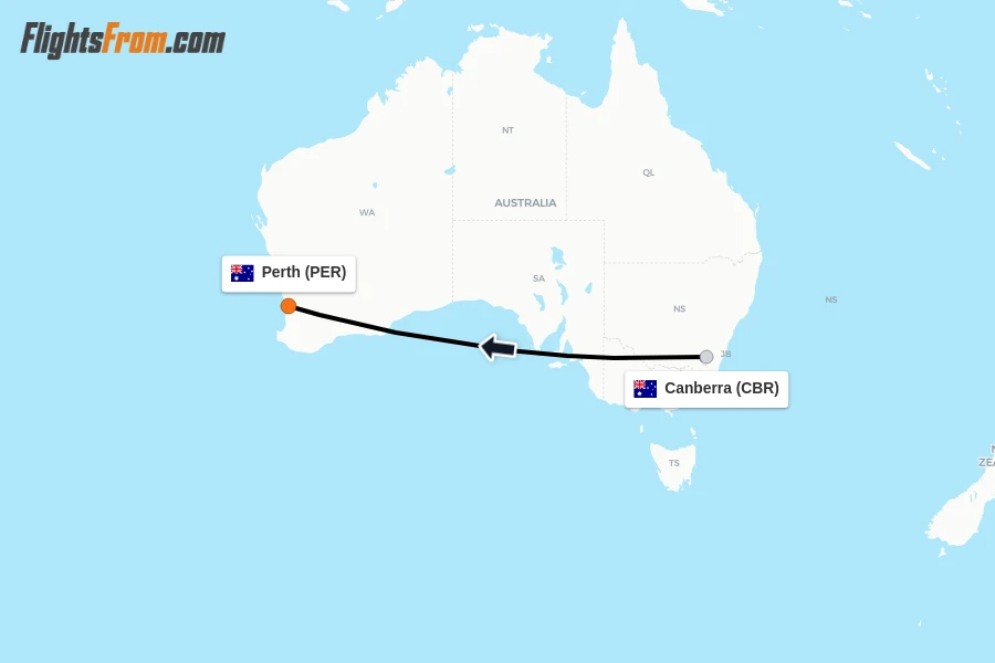 Flights from Canberra to Perth route map