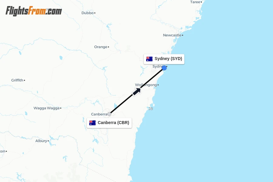 Flights from Canberra to Sydney route map