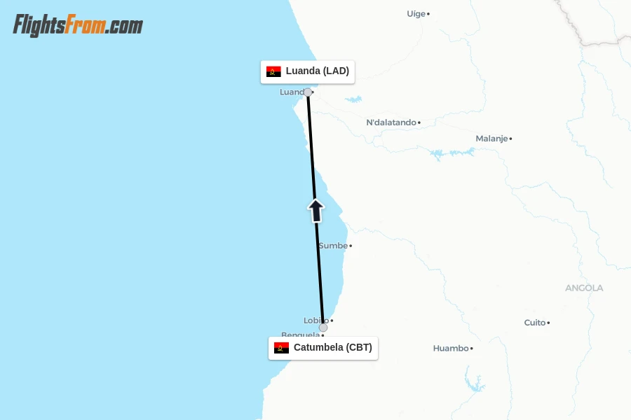 Flights from Catumbela to Luanda route map