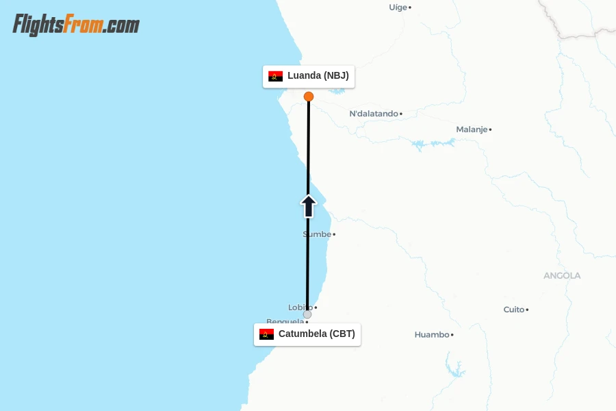 Flights from Catumbela to Luanda route map
