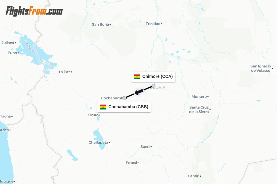 Flights from Chimore to Cochabamba route map