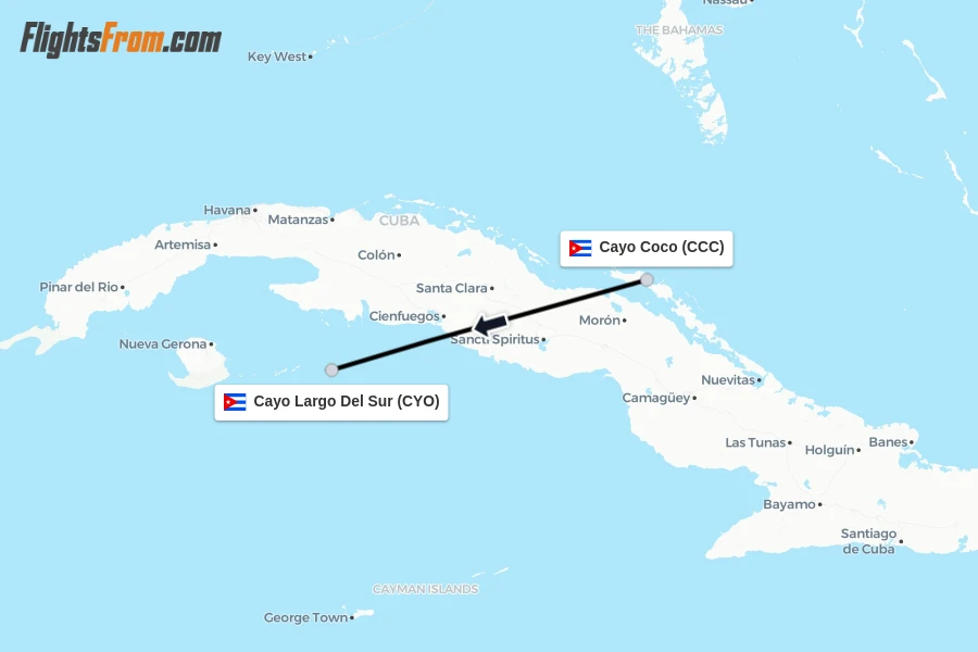 Flights from Cayo Coco to Cayo Largo Del Sur route map