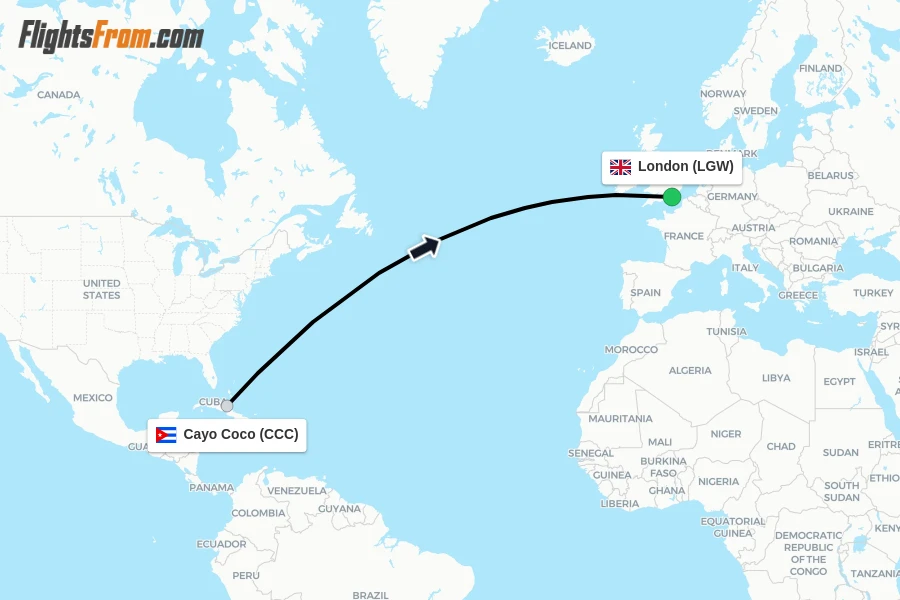 Flights from Cayo Coco to London route map