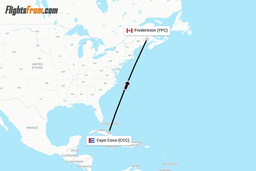 Flights from Cayo Coco to Fredericton route map